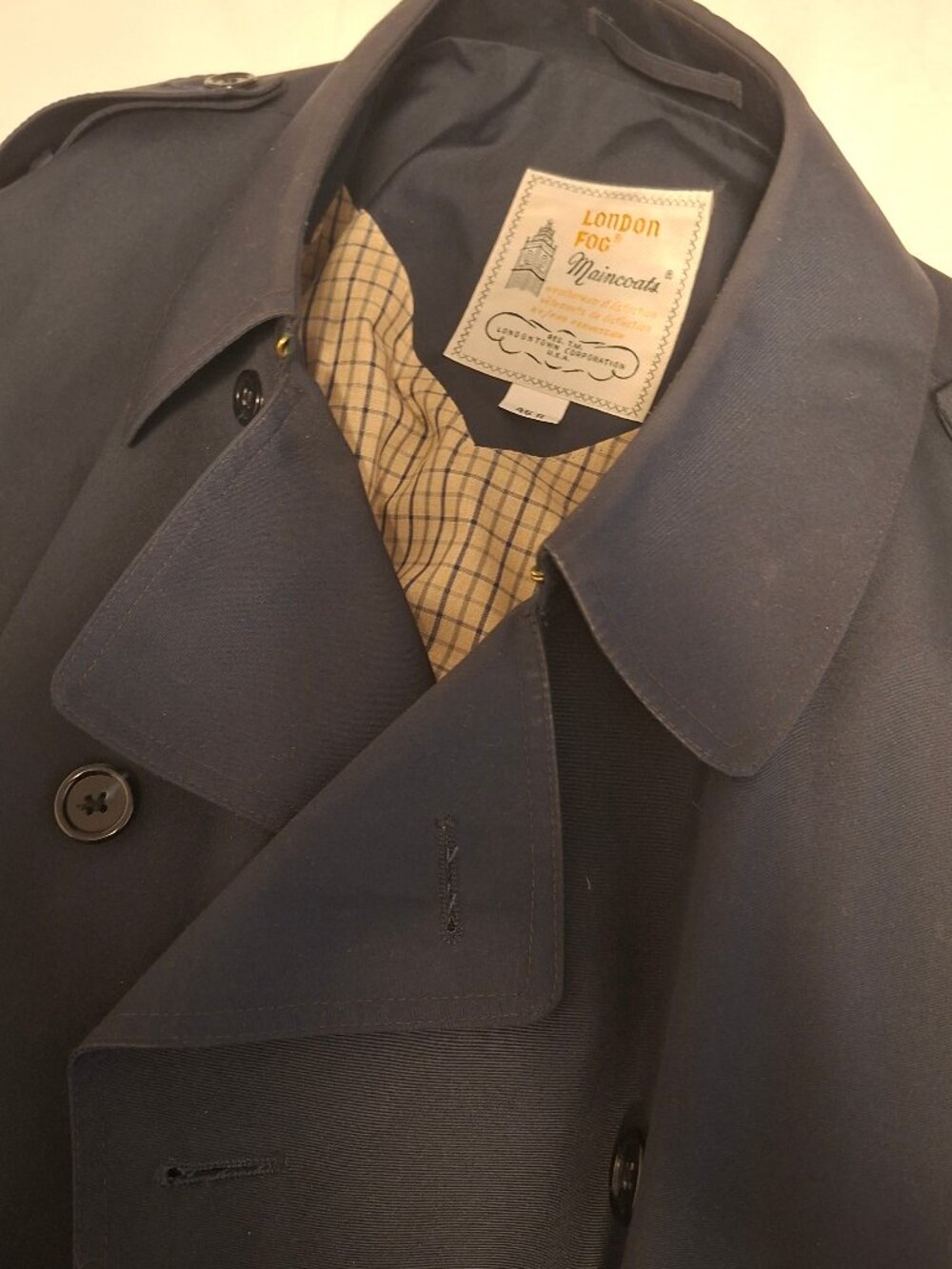London Fog Maincoats Men’s 70s Vintage Rain Trench Coat Double Breasted 46R Navy